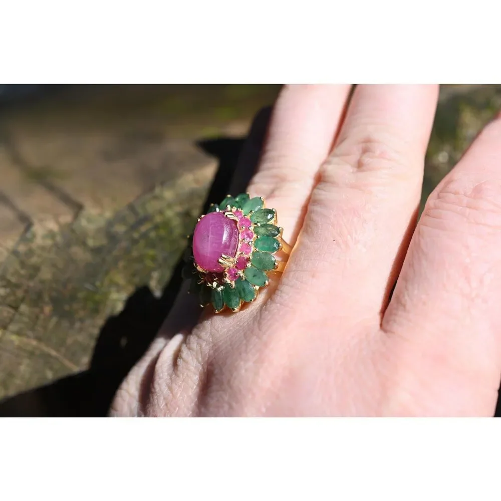 Ruby Emerald Floral Ring – Handmade Boho Statement Ring – Vintage Style Gemstone